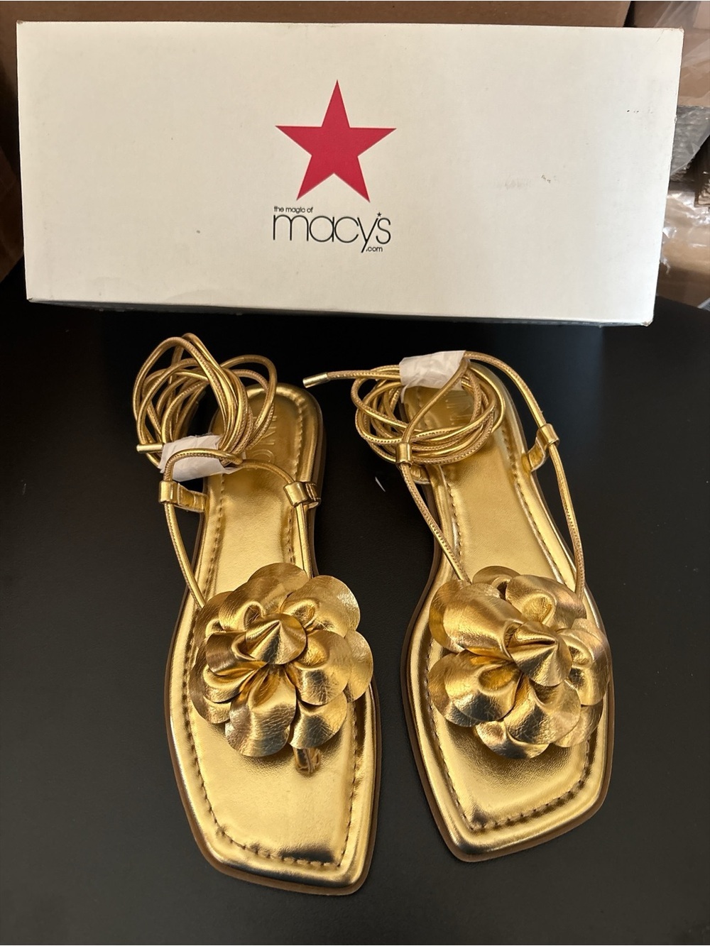 INC International Concepts Metallic Gold Floral Lace-Up Sandals